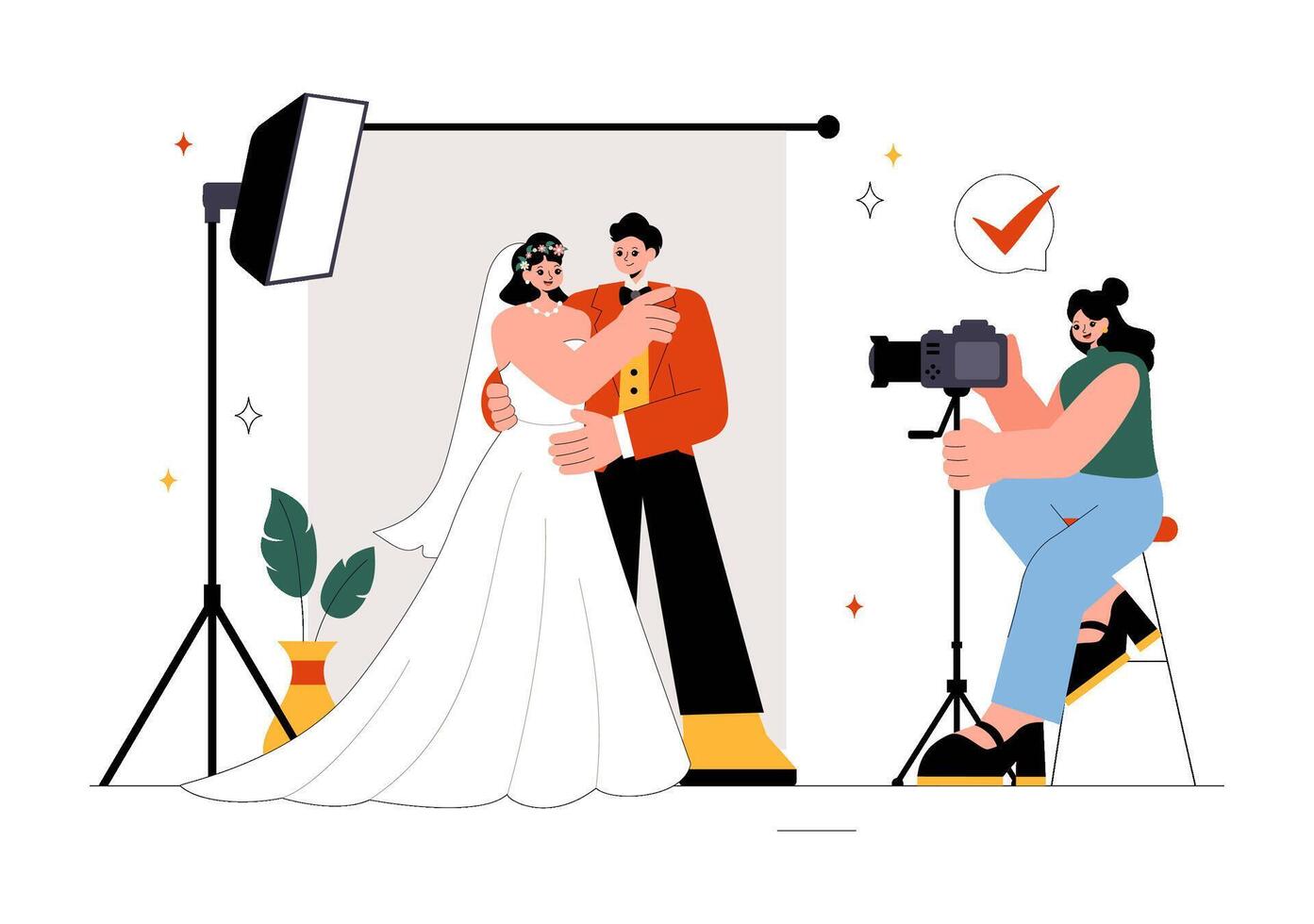 Bride and Groom Wedding Pose Illustration with Camera and Photographer vector