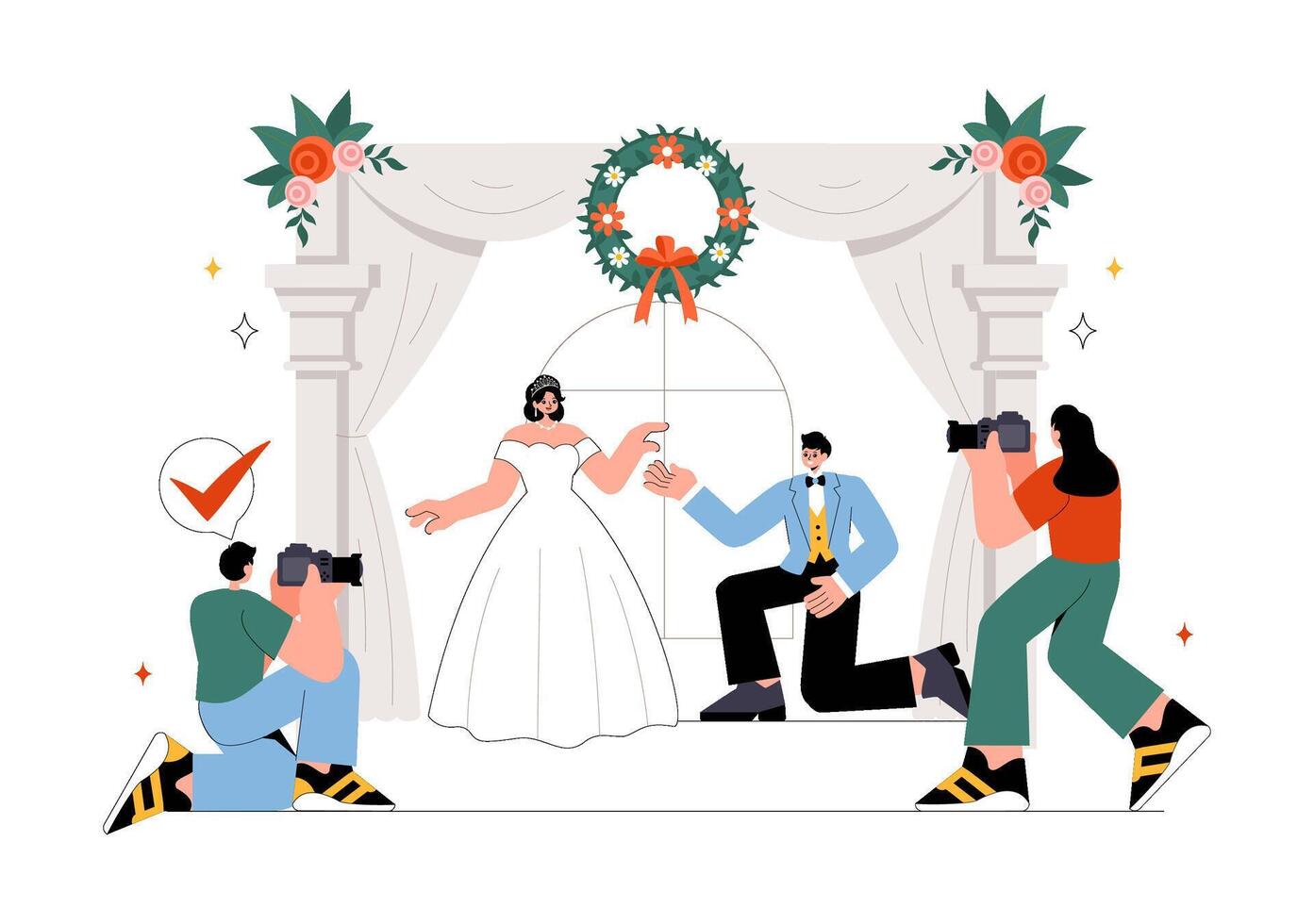 Memorable Wedding Photoshoot Scene with Photographer Capturing Couple vector