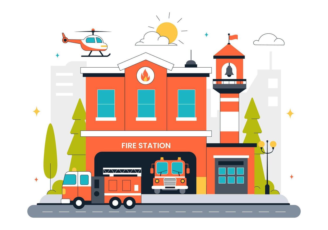 Fire Truck at Fire Station Building in Flat Modern Style vector