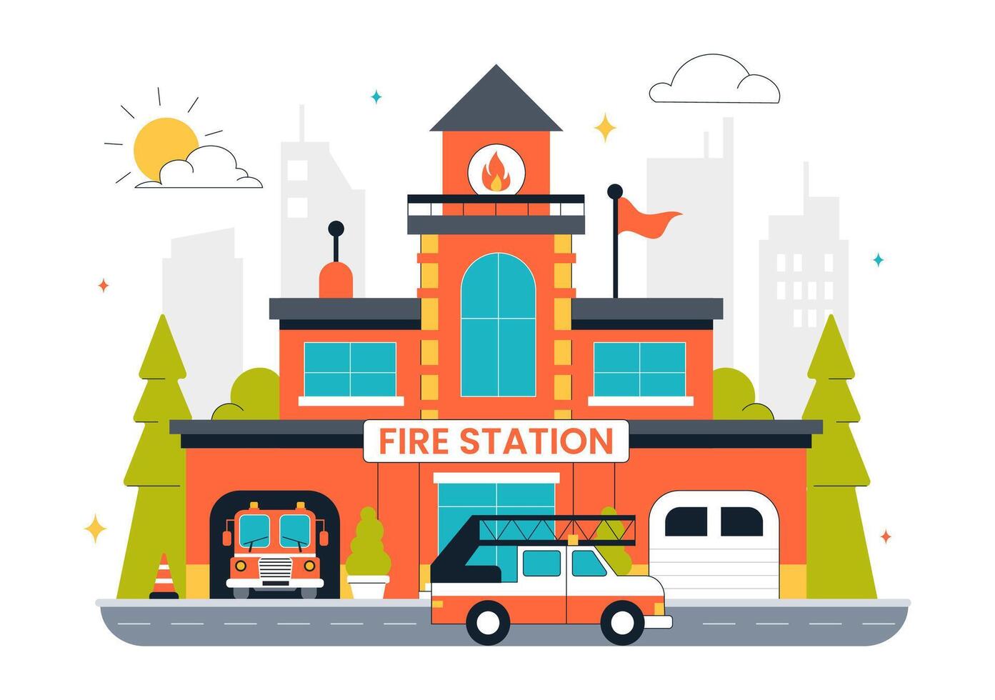 Cartoon Fire Station Building with Fire Department Truck and Crew vector