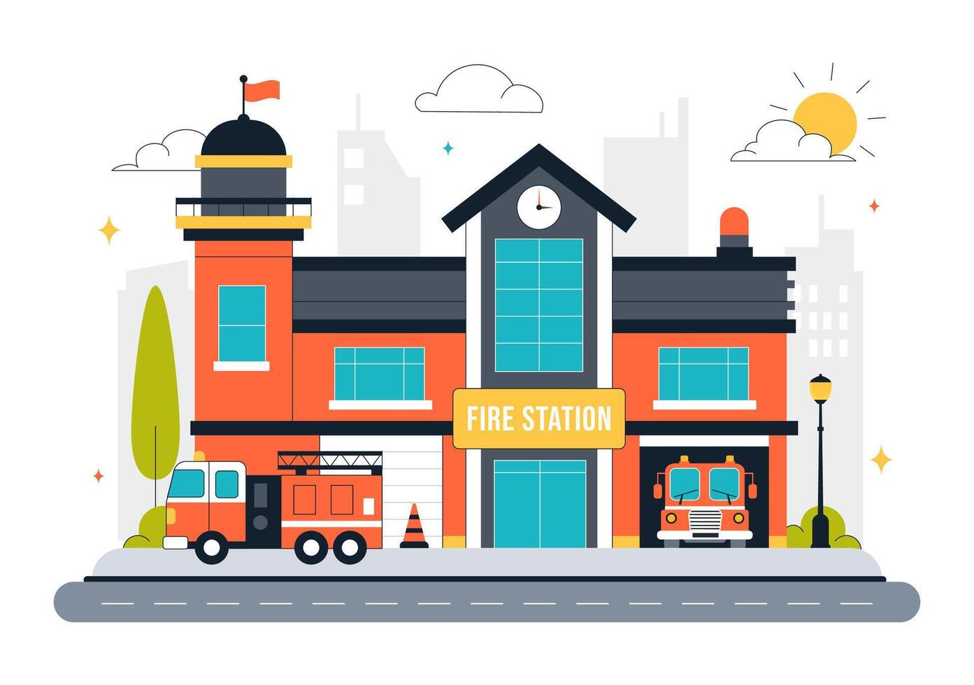 Flat of Fire Station with Fire Engine Car and Crew vector