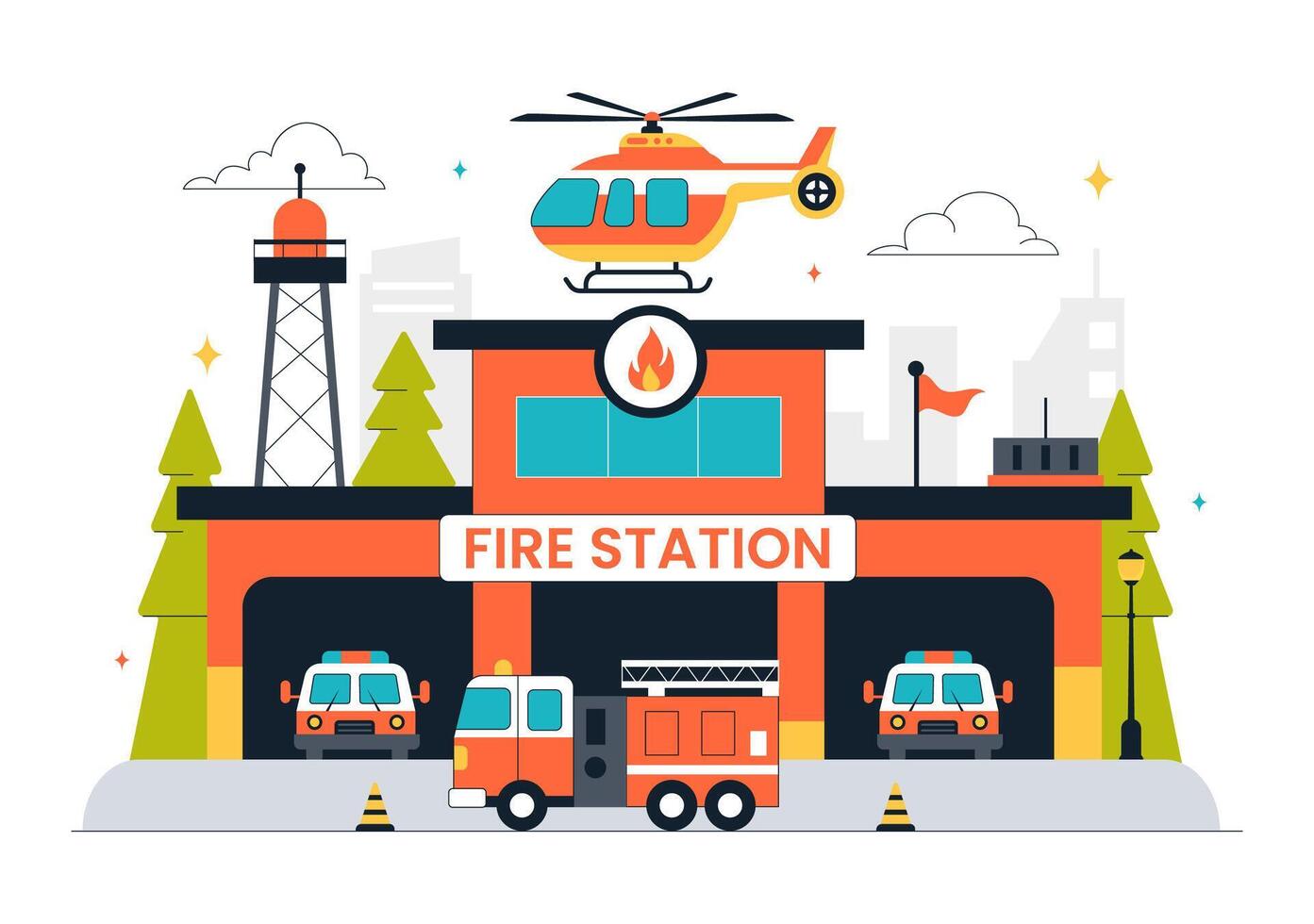 Red Fire Truck and Firefighter Building in Flat Cartoon Illustration vector