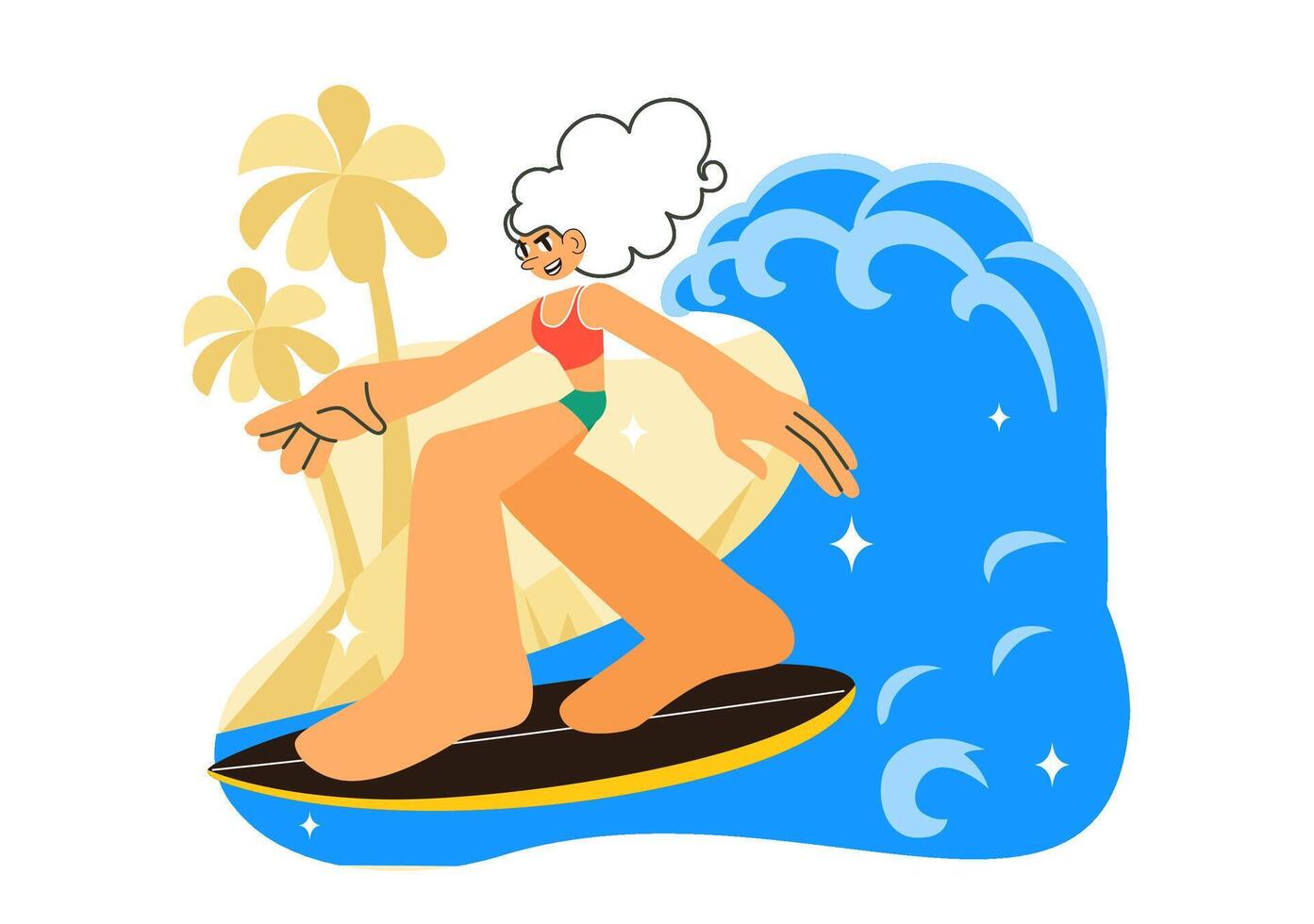 Flat Style Cartoon of Summer Surfing Adventure with Floating Surfboards vector