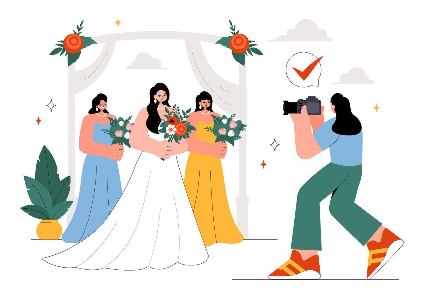 Wedding Photography Scene with Professional Photographer and Happy Couple vector
