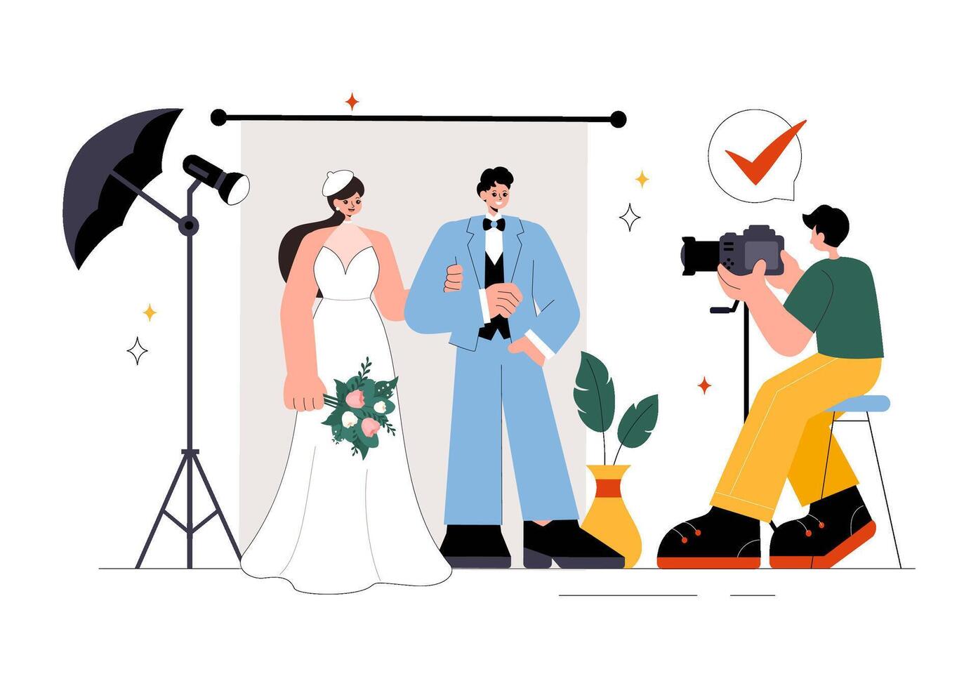 Illustration of Wedding Photography with Bride and Groom Posing for Photographer vector