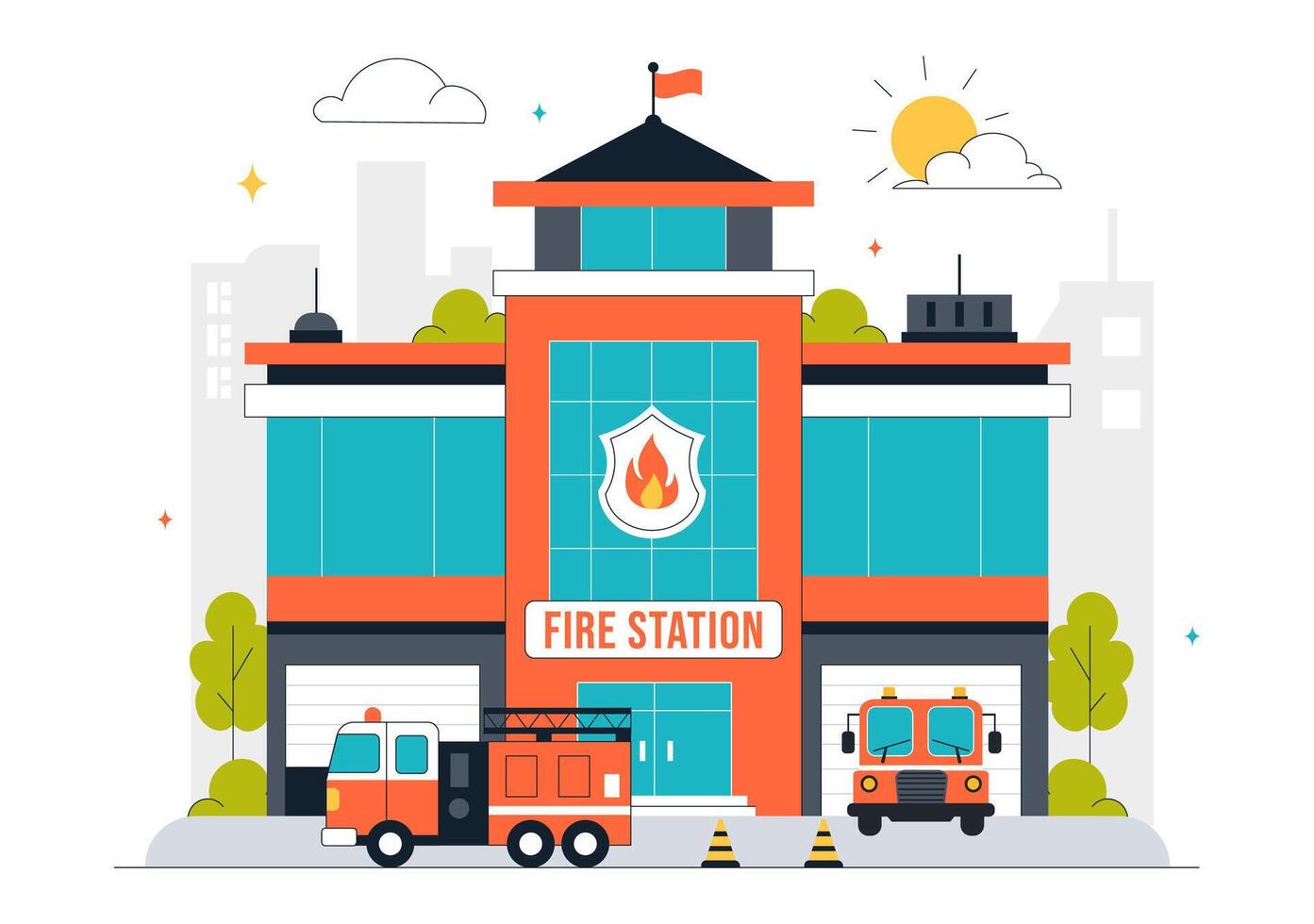 Emergency Fire Station Scene with Firefighters and Rescue Vehicle in Flat Style vector