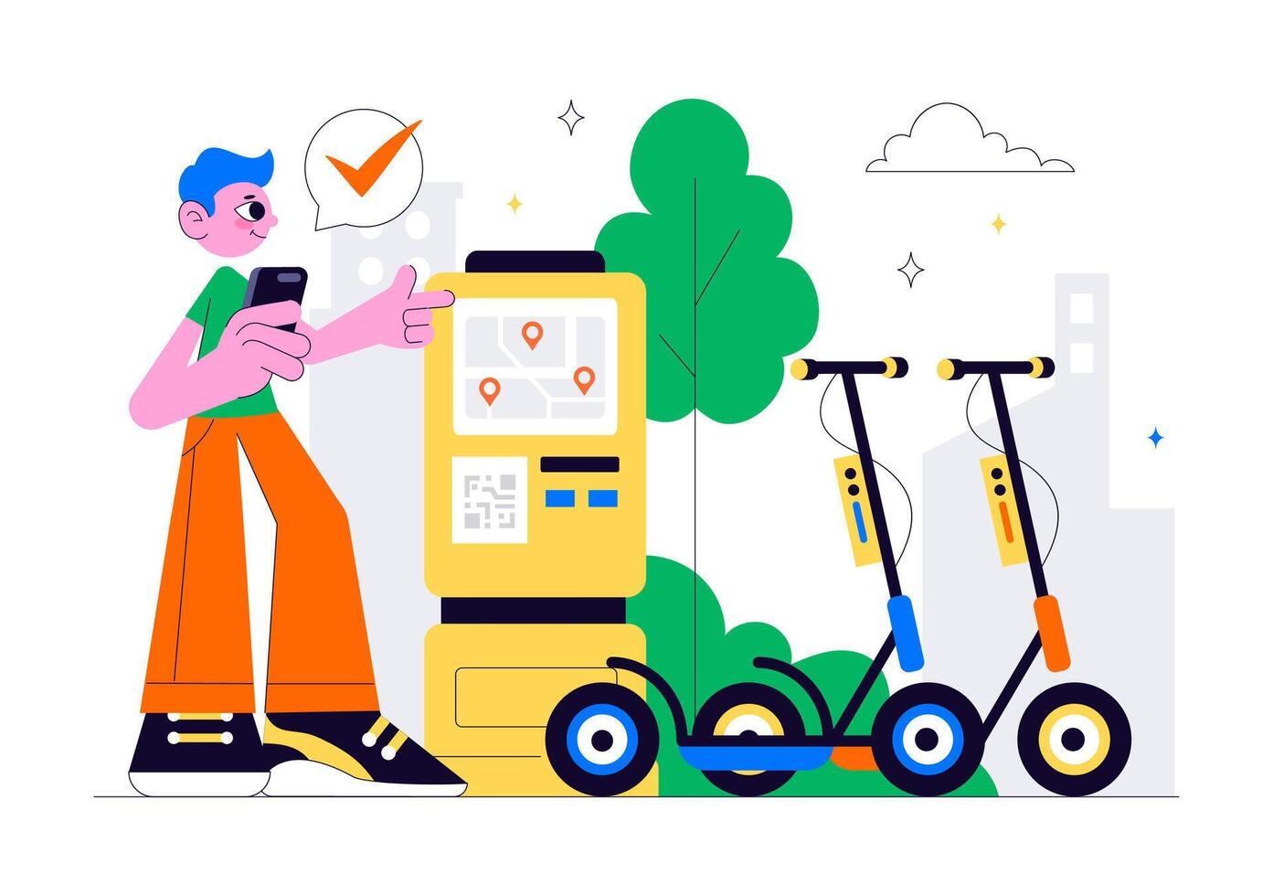 Eco-Friendly Electric Scooter Rental Illustration in Flat Cartoon Style vector