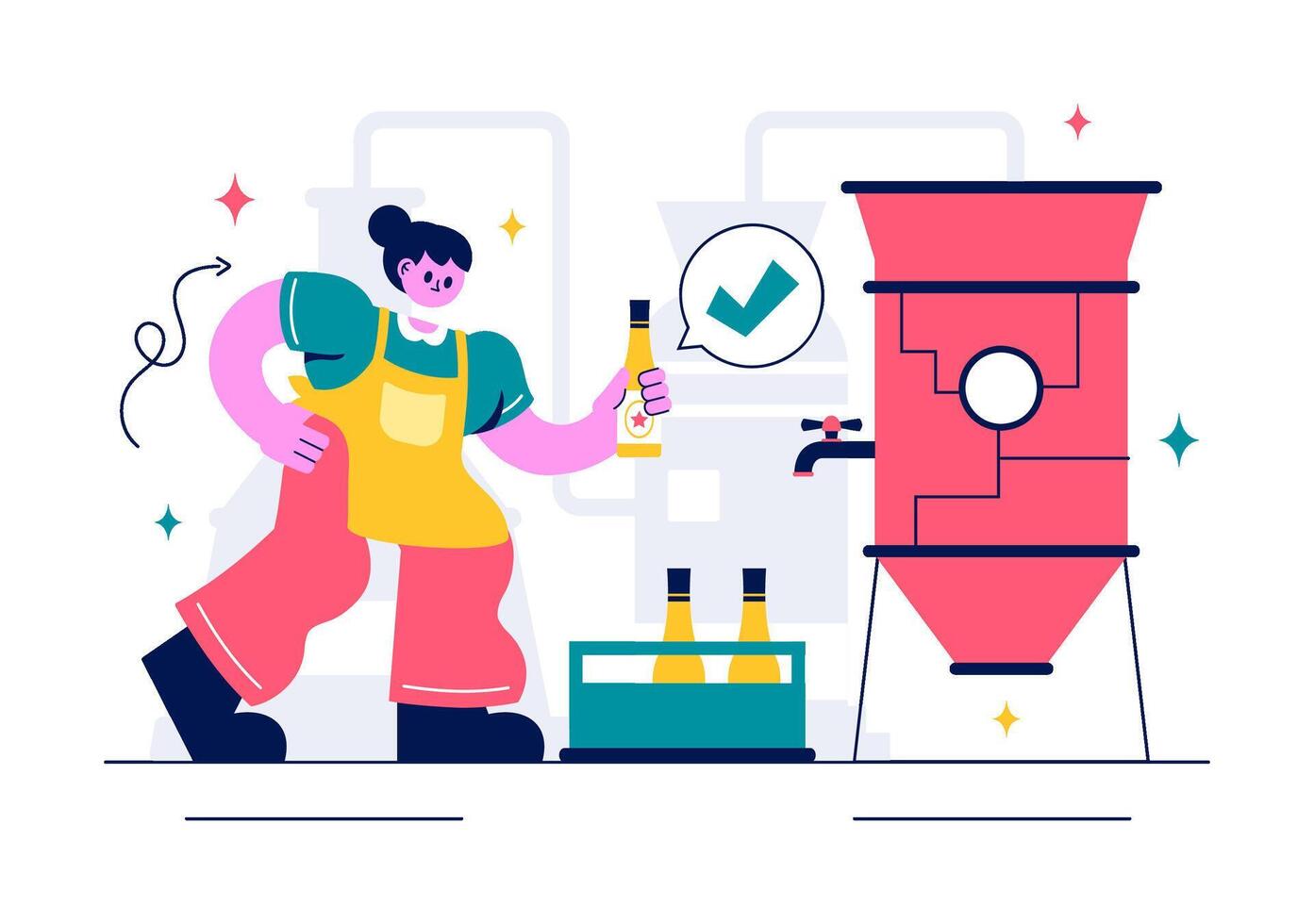 Beer Brewing Process Illustration with Fermentation Tanks and Bottles in Flat Cartoon Style vector