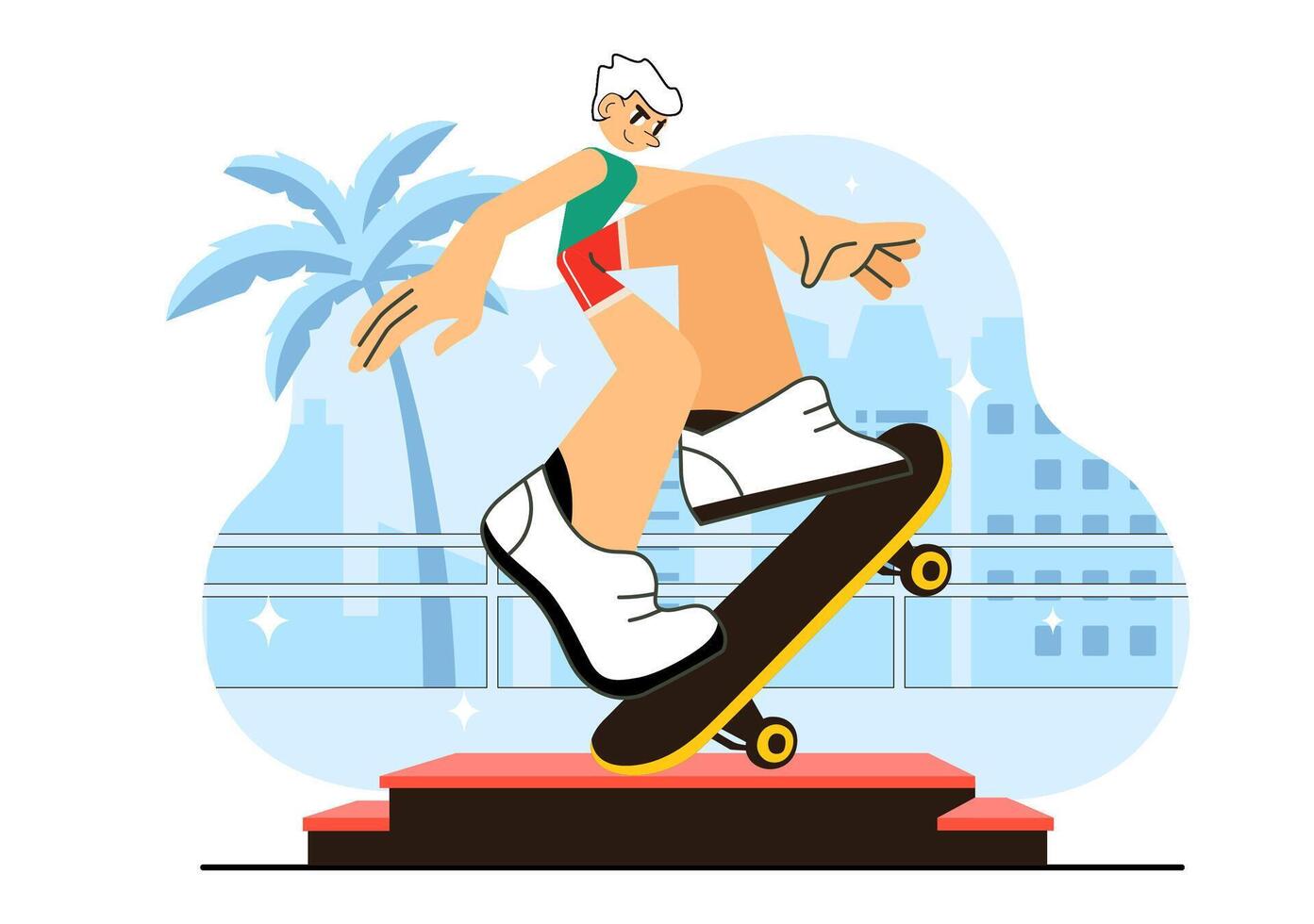 Flat Style Skatepark Illustration with Athletes Doing Aerial Skateboard Stunts vector