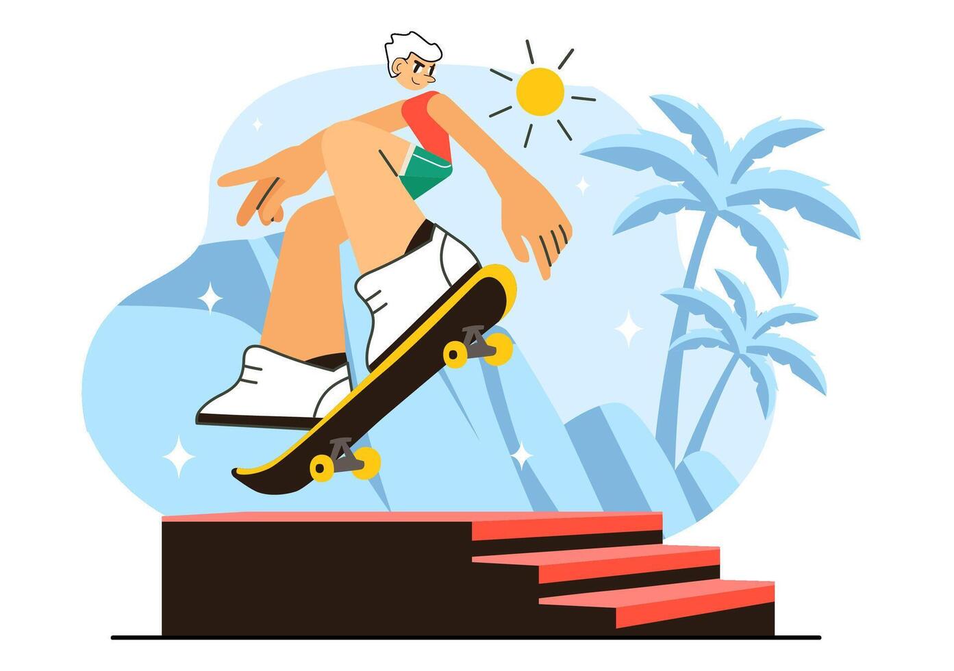 Young Skateboarders Practicing Jumps on Springboards in Urban Skatepark vector