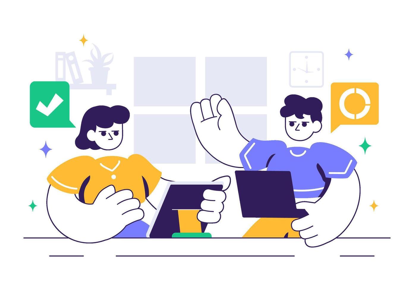 Coworking Space Illustration with Colleagues Collaborating in a Flat Cartoon Office Scene vector