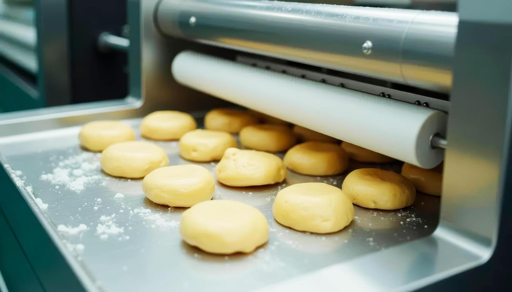 Automated dough processing on a bakery production line. Food manufacturing, baking technology photo