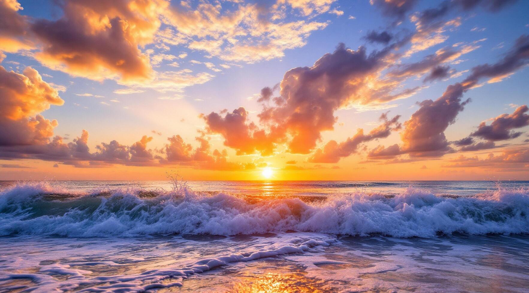 Sunset over the ocean with waves crashing into the shore photo