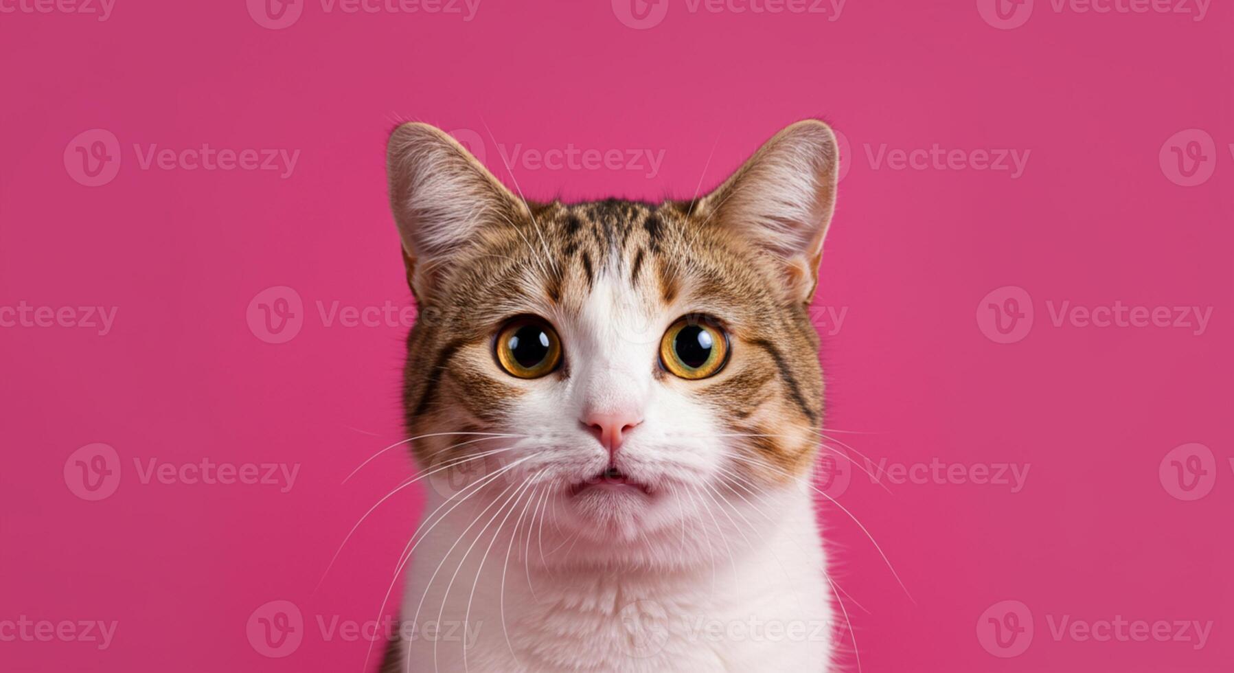Front-Facing Cat Portrait on Pink Background Happy and Playful Pet Vibe photo