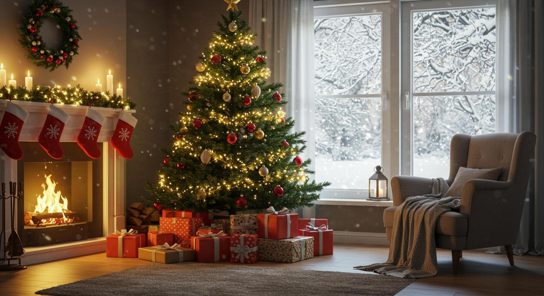 A fireplace with a christmas tree and presents in front of it photo