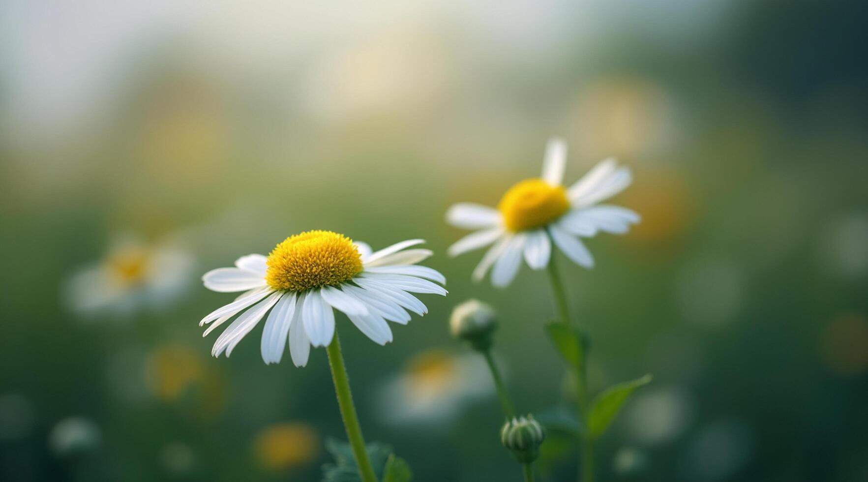 Two white daisies are in a field with a blurry background photo