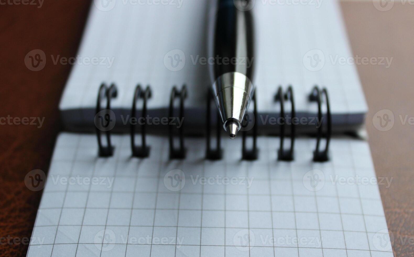 Macro Shot Of Ballpoint Pen Lying On A Bound Paper Notebook photo