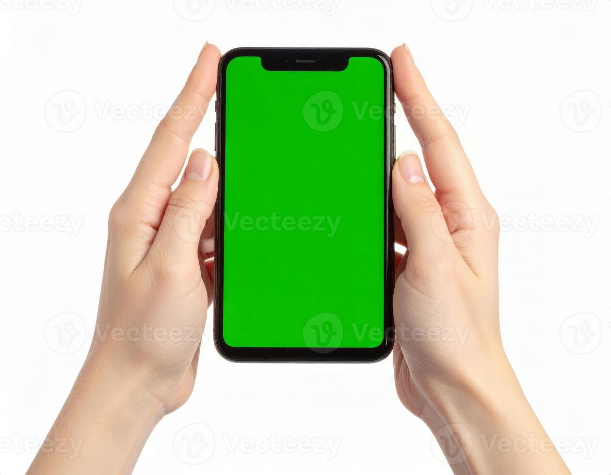 Person holding a phone with an empty green screen for chroma key effect over a white backdrop photo