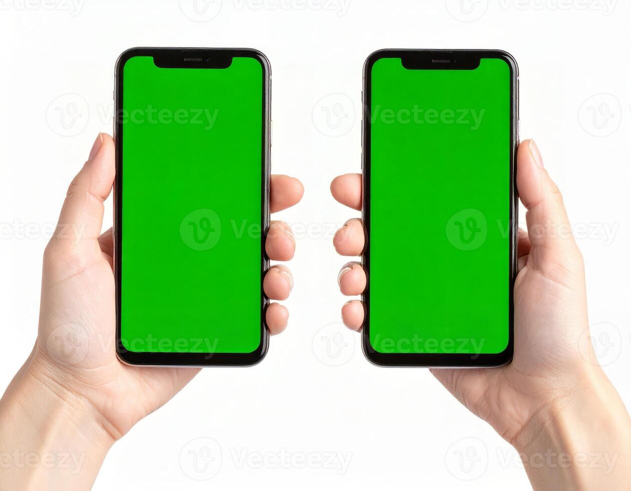 Mobile phone held in hand with a green screen, ideal for chroma keying, against a white background photo