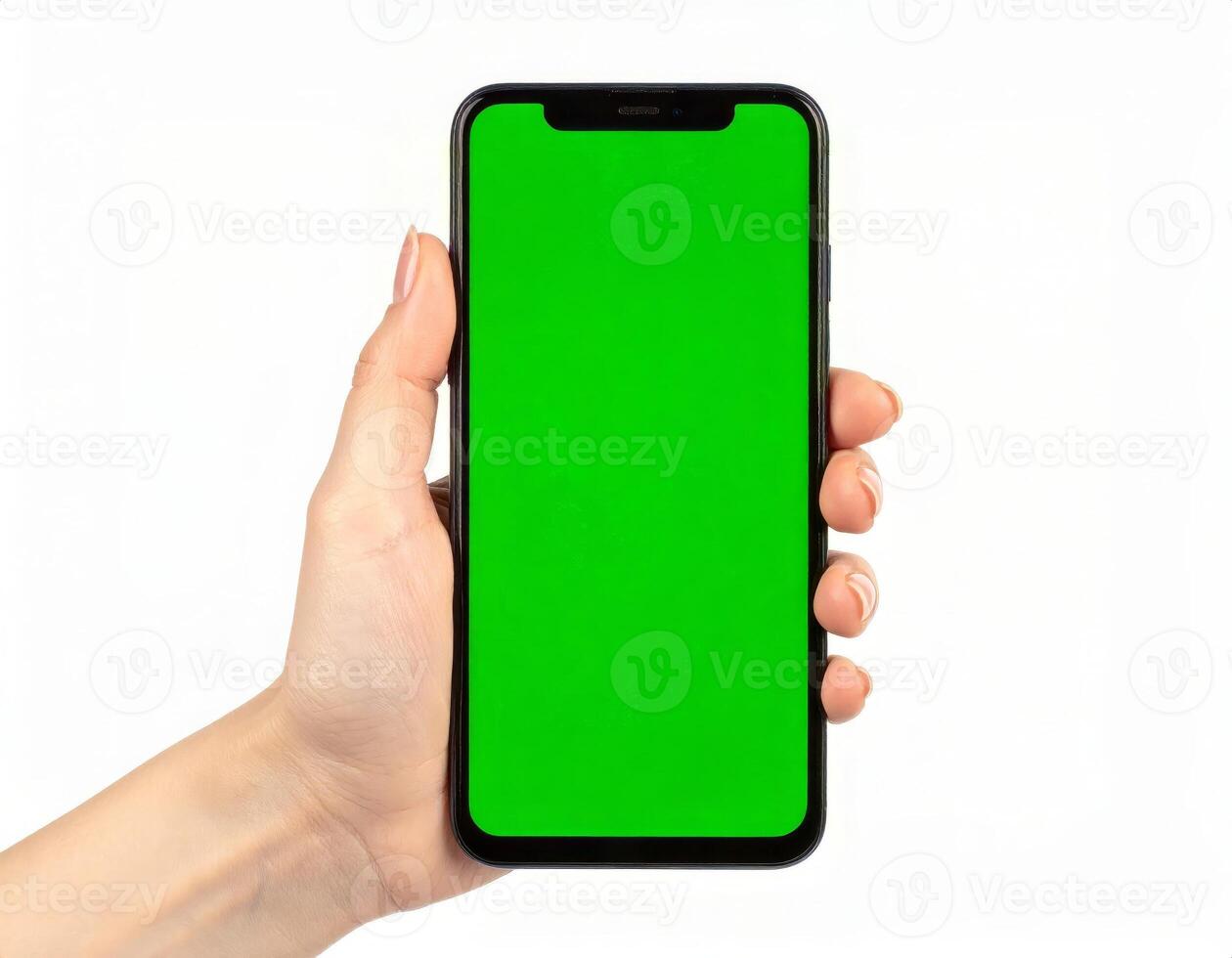 Hand displaying a smartphone with a chroma key green screen on a plain white background photo