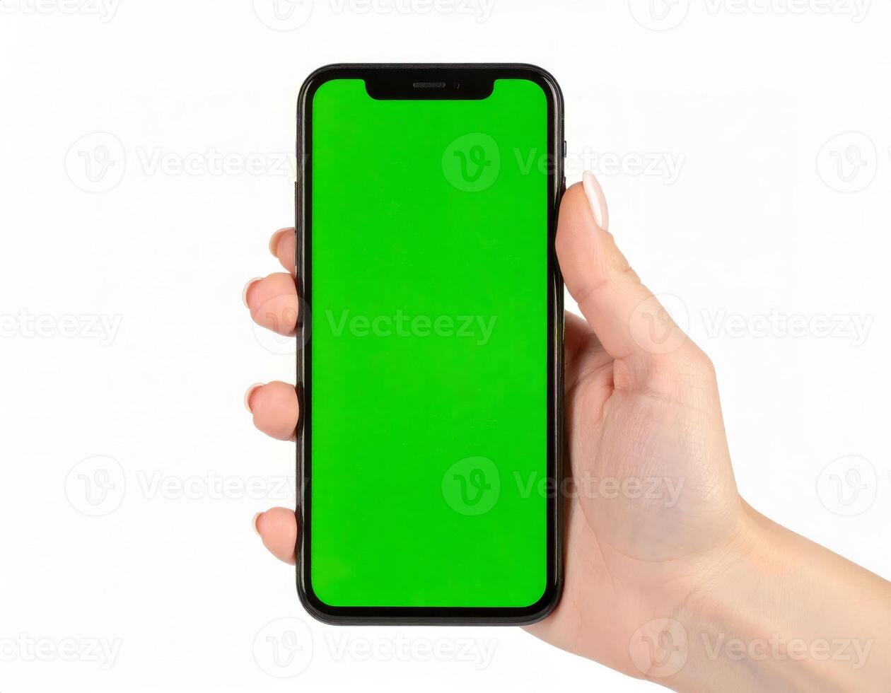 Person holding a phone with an empty chroma key green screen against a clean white backdrop photo