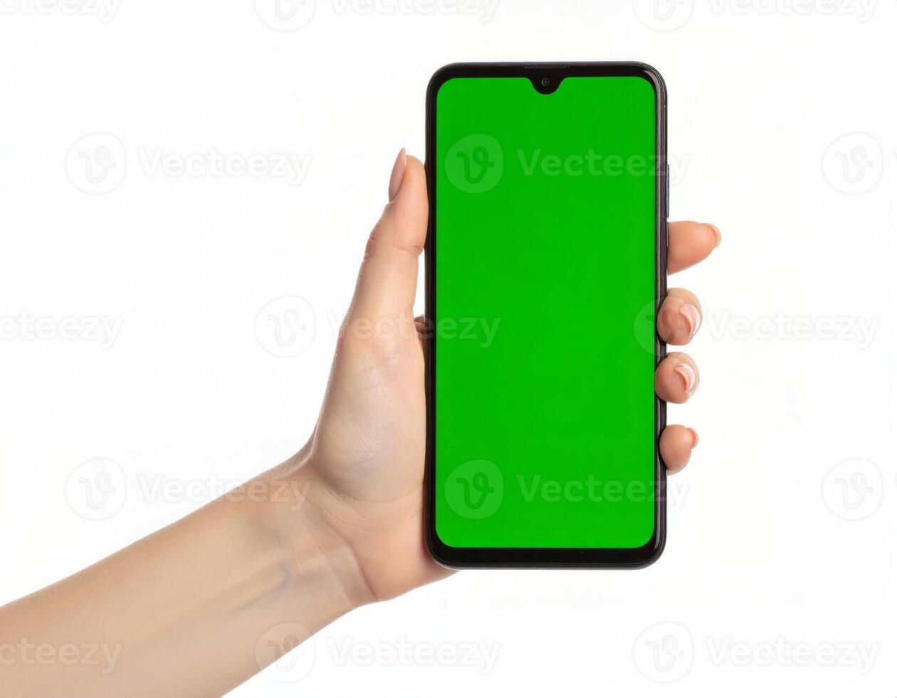 Hand presenting a smartphone with an empty green screen for digital mockup on white photo