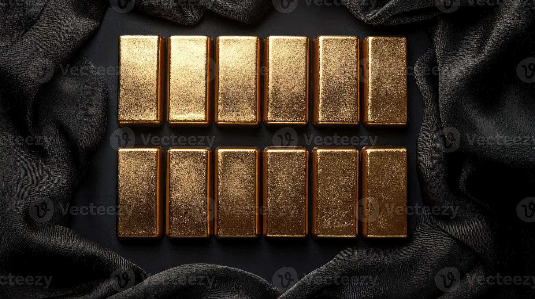 Gold bars arranged artistically on black silk background under spotlight, creating luxurious and elegant atmosphere with rich golden tones photo