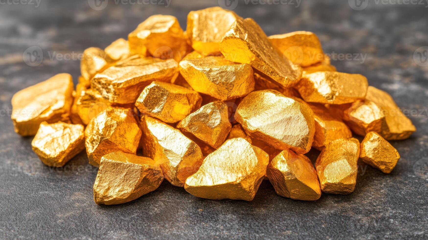 Golden nuggets pile on dark surface shining with metallic texture and rich yellow color, symbolizing wealth and natural mineral beauty photo