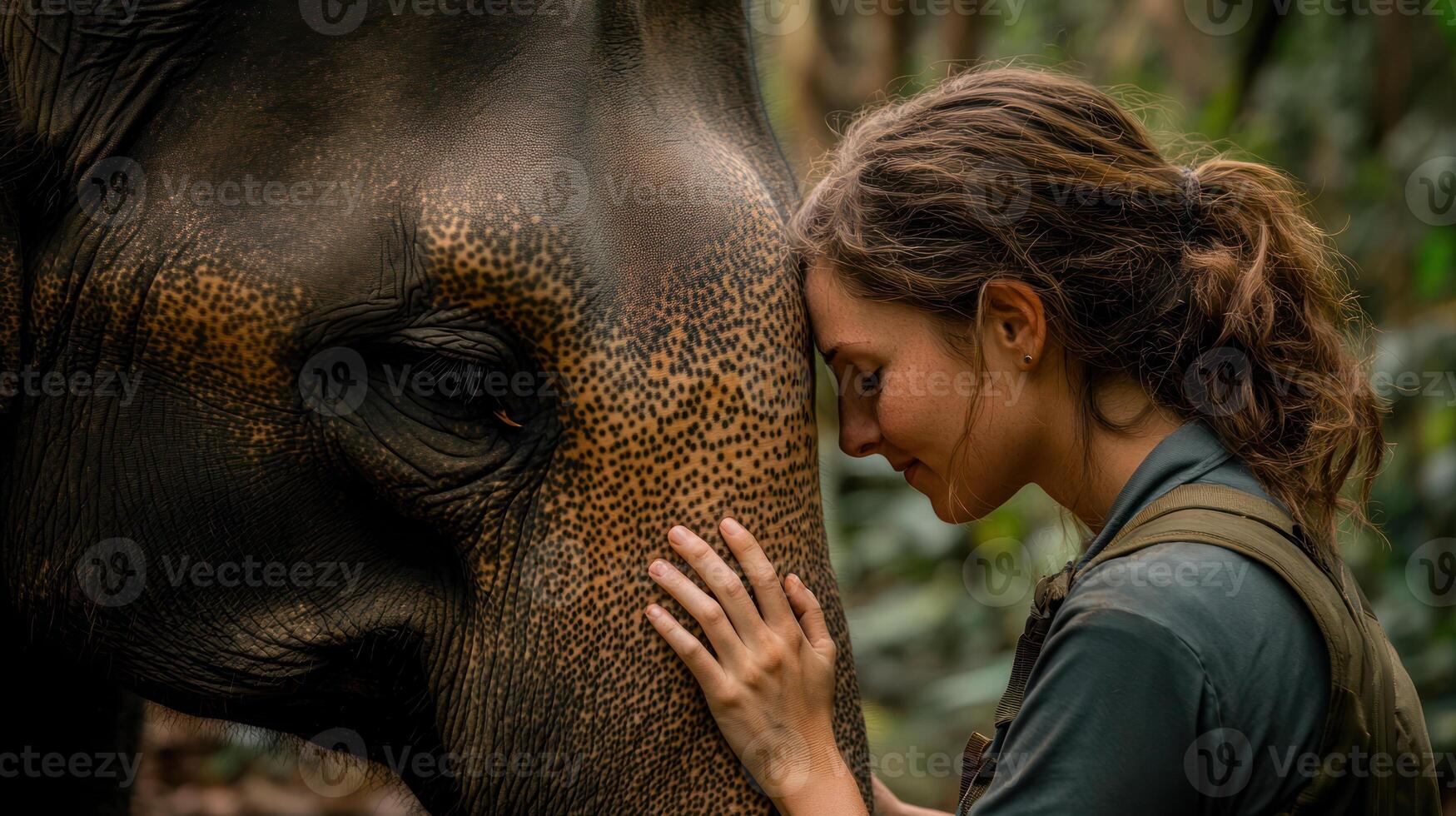 Conservationist gently placing hand on elephant forehead showing mutual respect and trust in natural forest setting photo