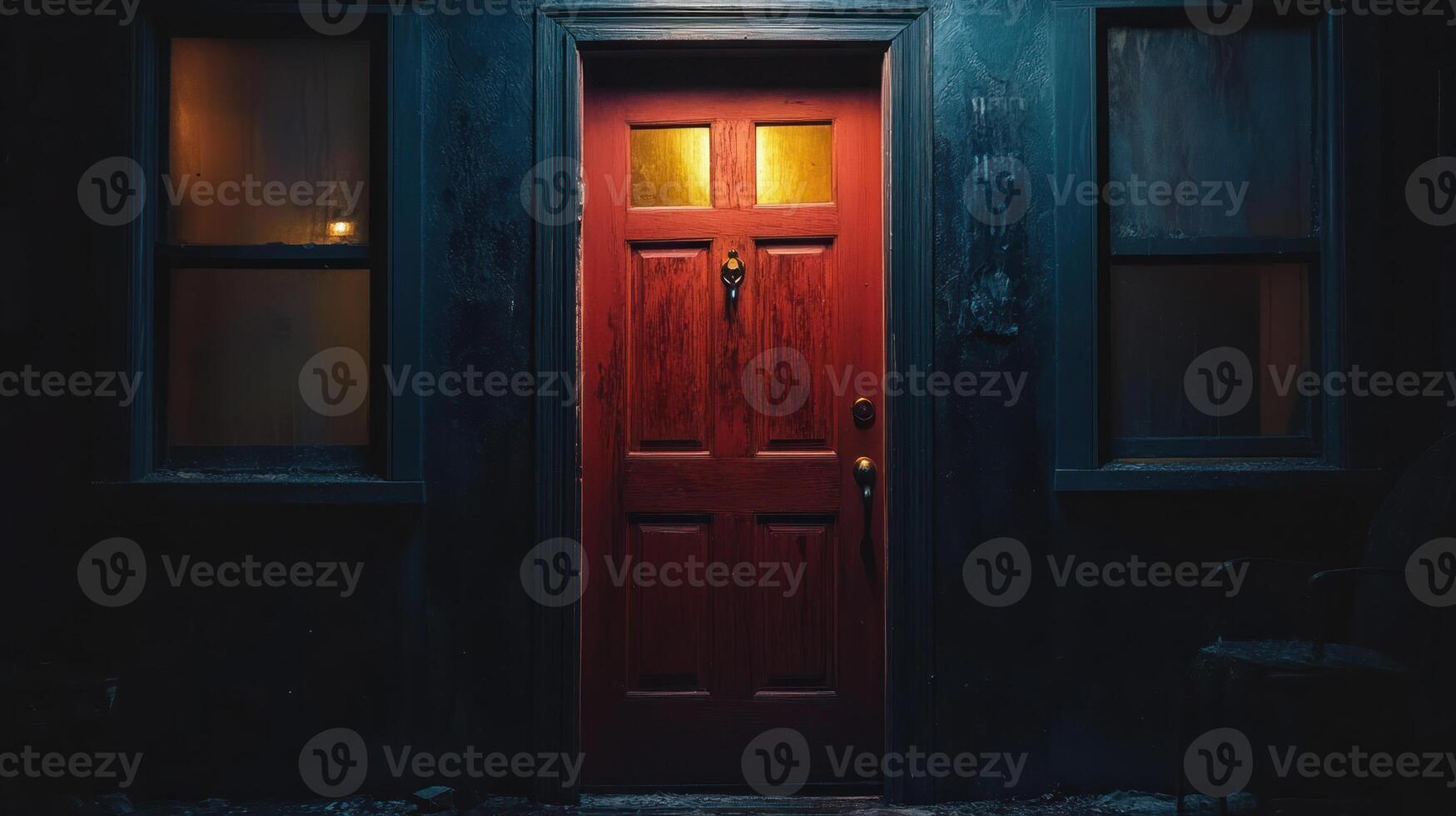 Red door illuminated in dark building facade with warm light shining through windows, evoking mystery and quiet solitude photo
