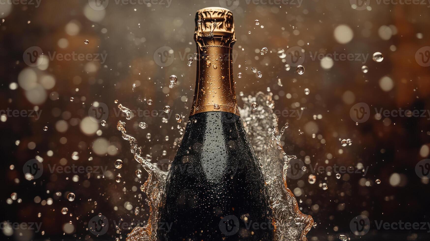 Champagne bottle with water splash and droplets frozen in motion against dark bokeh background, creating festive and refreshing mood photo