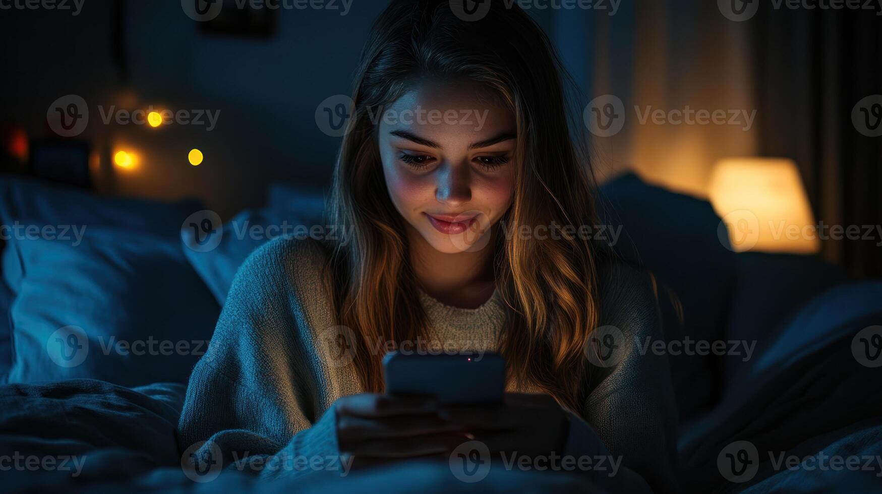 Young woman smiling while reading comments on her smartphone glowing screen in low light cozy room photo