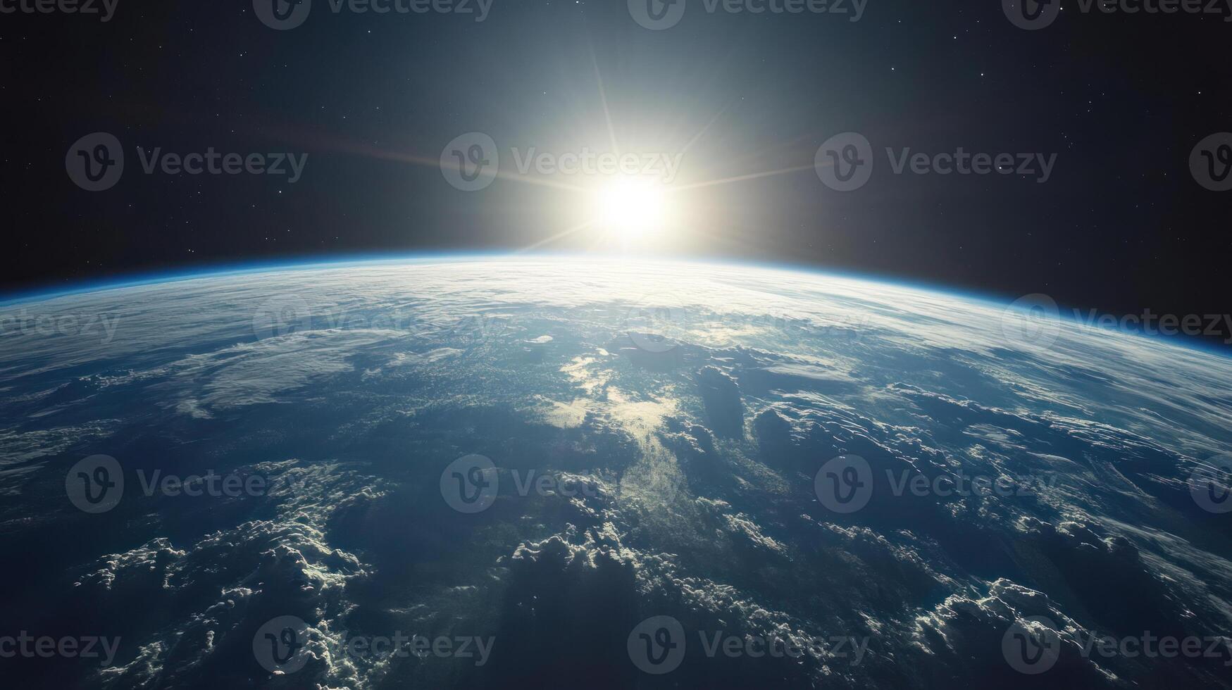 Sunrise over Earth from space with cloud cover and dark starry sky creating peaceful cosmic view photo