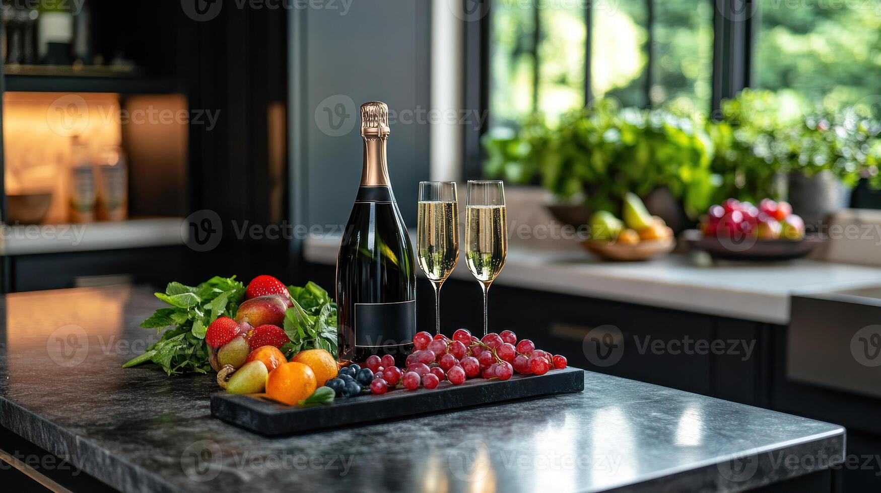 Modern kitchen island with chilled sparkling wine bottle, two filled glasses, and fresh fruit garnishes creating inviting and elegant atmosphere photo