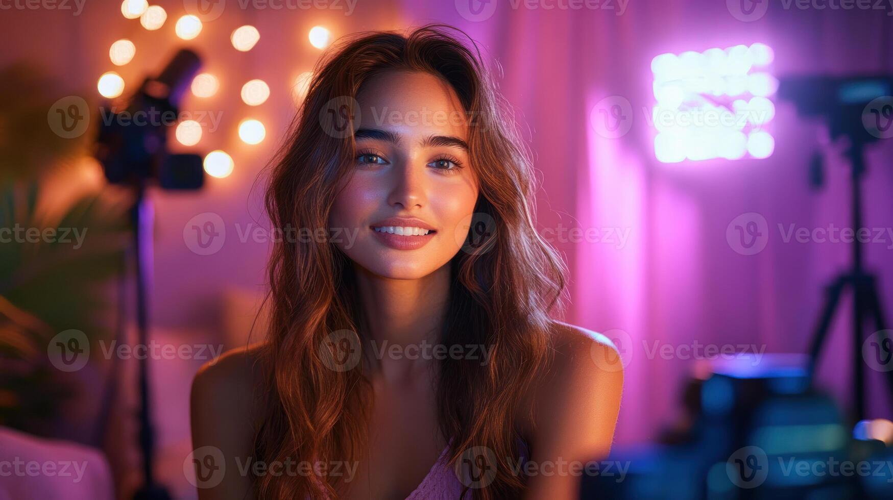 Young woman smiling with long hair in cozy room with colorful lighting and camera setup for filming content creation photo