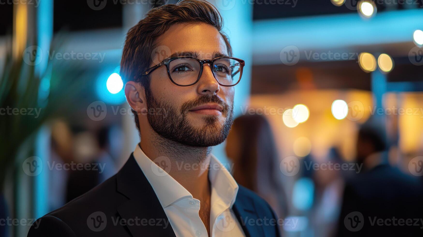 Young investor attending networking event with polished business look in chic indoor venue under soft diffused lighting, confident and focused photo