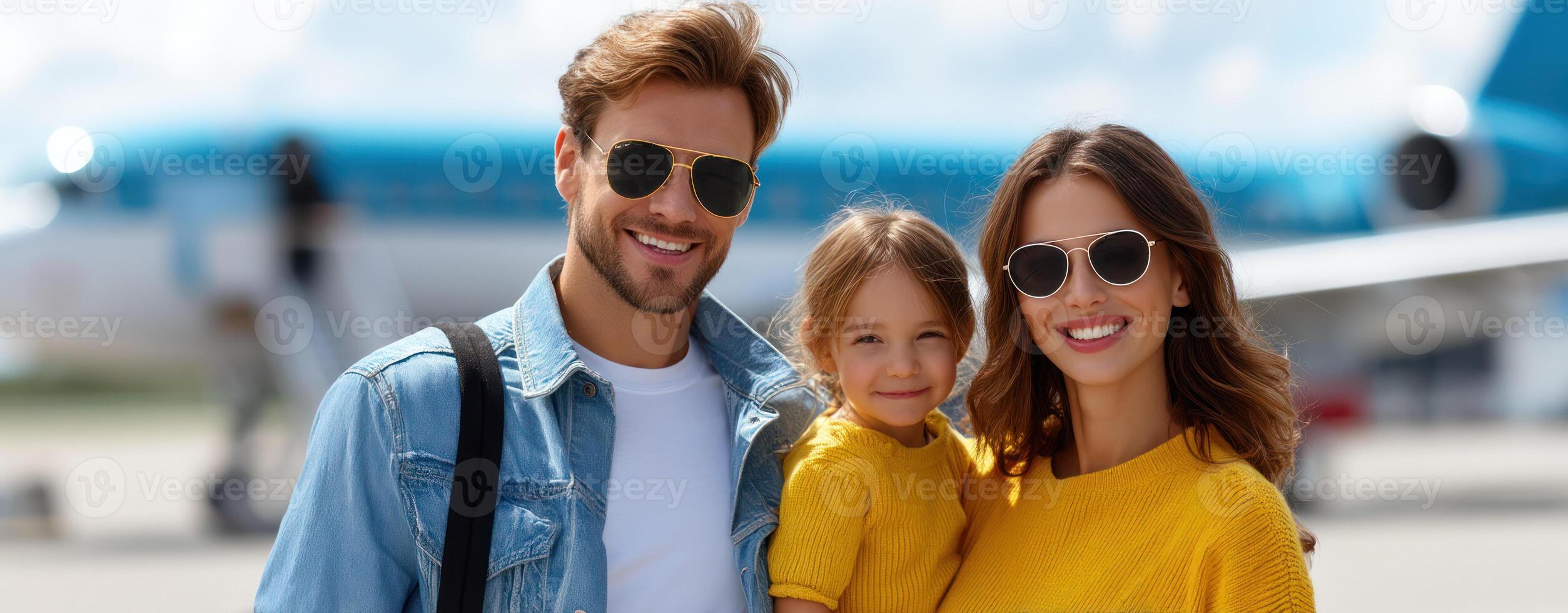 Family smiling summer holiday airport travel with airplane background and colorful clothes bright joyful mood photo