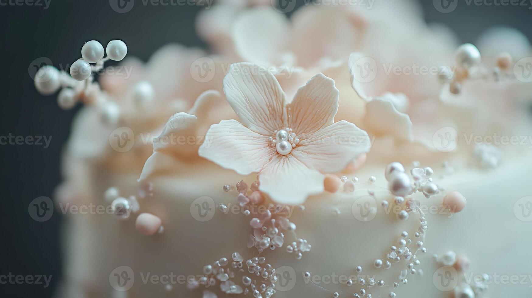 Macro close-up of a white cake decorated with a single pale pink sugar flower, small white pearls, and delicate sugar strands, highlighting the artistry and detail of the confection photo