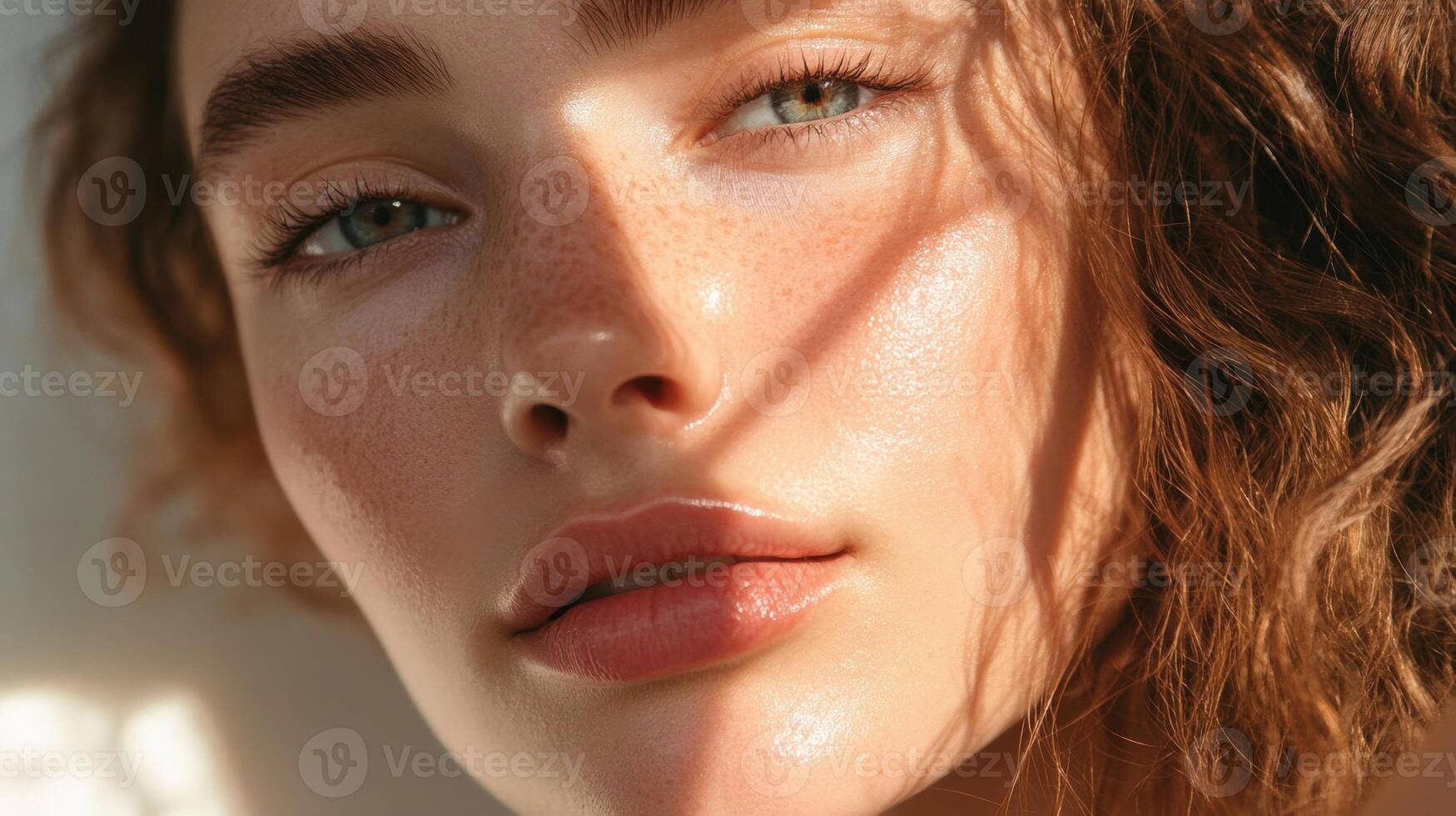 Extreme close-up of fair-skinned young woman with light auburn wavy hair and dense freckles. Radiant, dewy skin under natural sunlight, soft shadows enhance facial features photo
