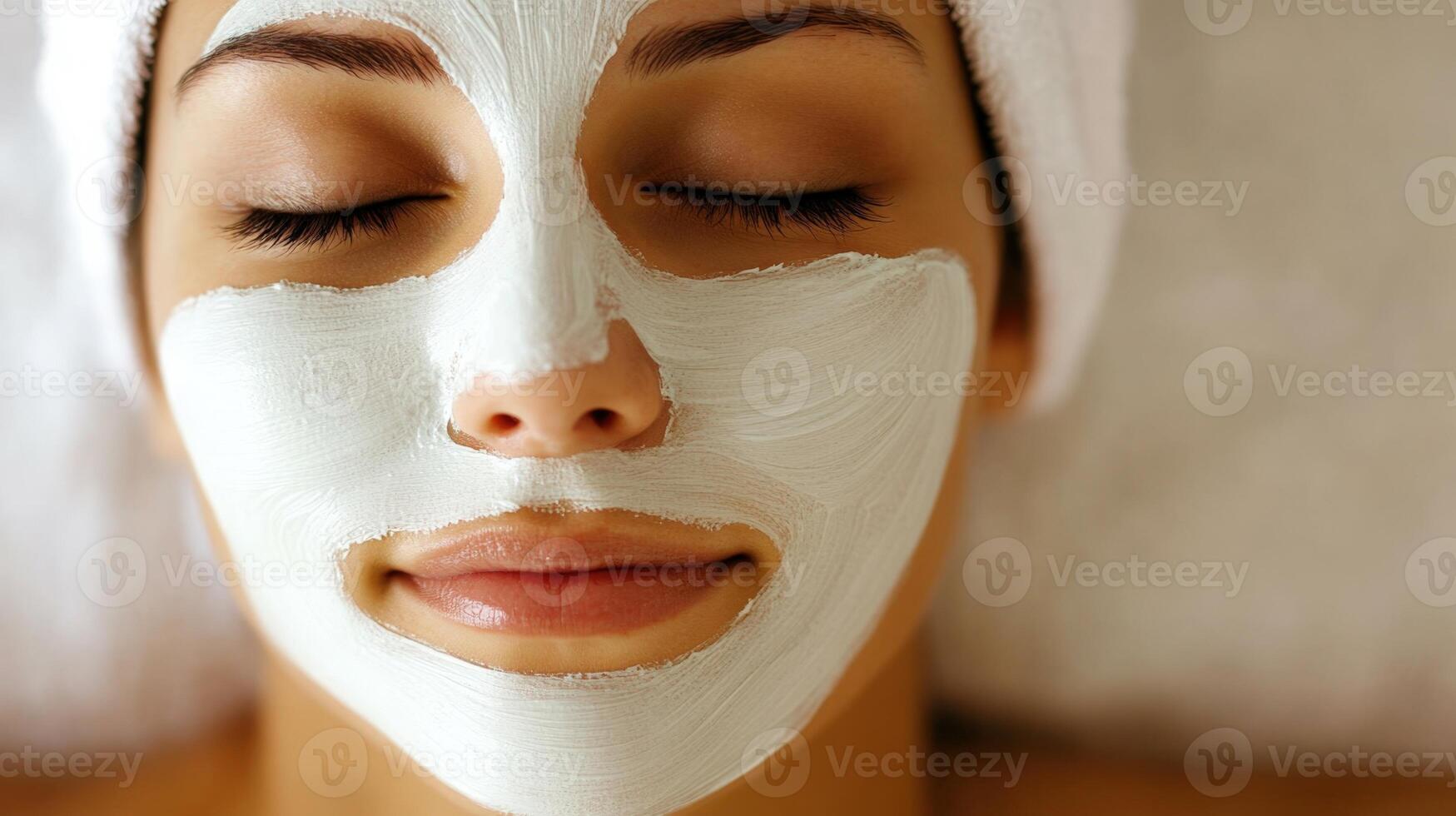 Young woman with white facial mask relaxing in spa salon. Skincare treatment for healthy, glowing skin. Beauty procedure, wellness therapy, cosmetology service photo