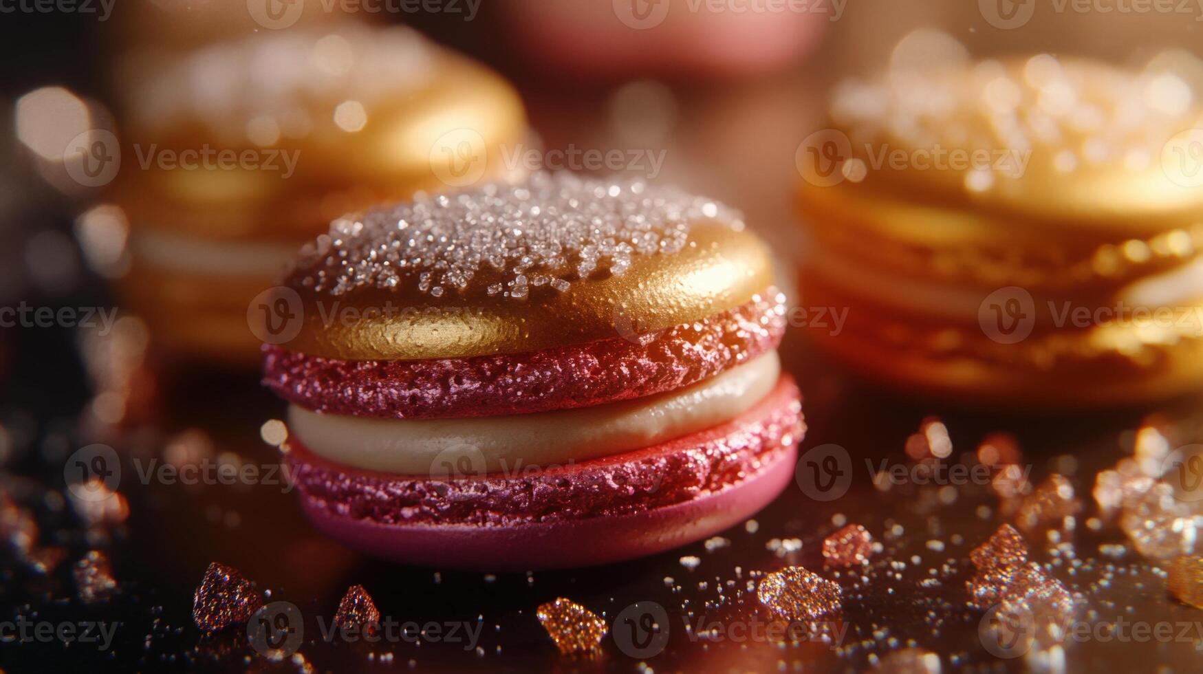 Close-up of elegant pink and gold macarons dusted with sugar crystals on a dark surface with scattered crystals, suggesting a luxurious sweet treat photo