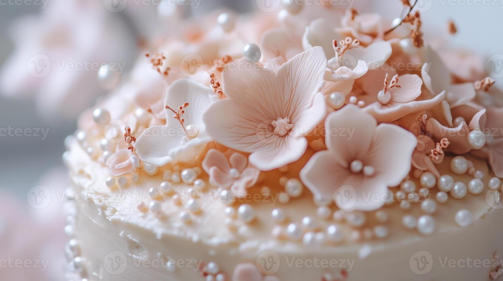 Detailed close-up of a light-colored cake adorned with delicate white and pale pink sugar flowers and small white pearls, suggesting a celebratory dessert or intricate confectionery photo