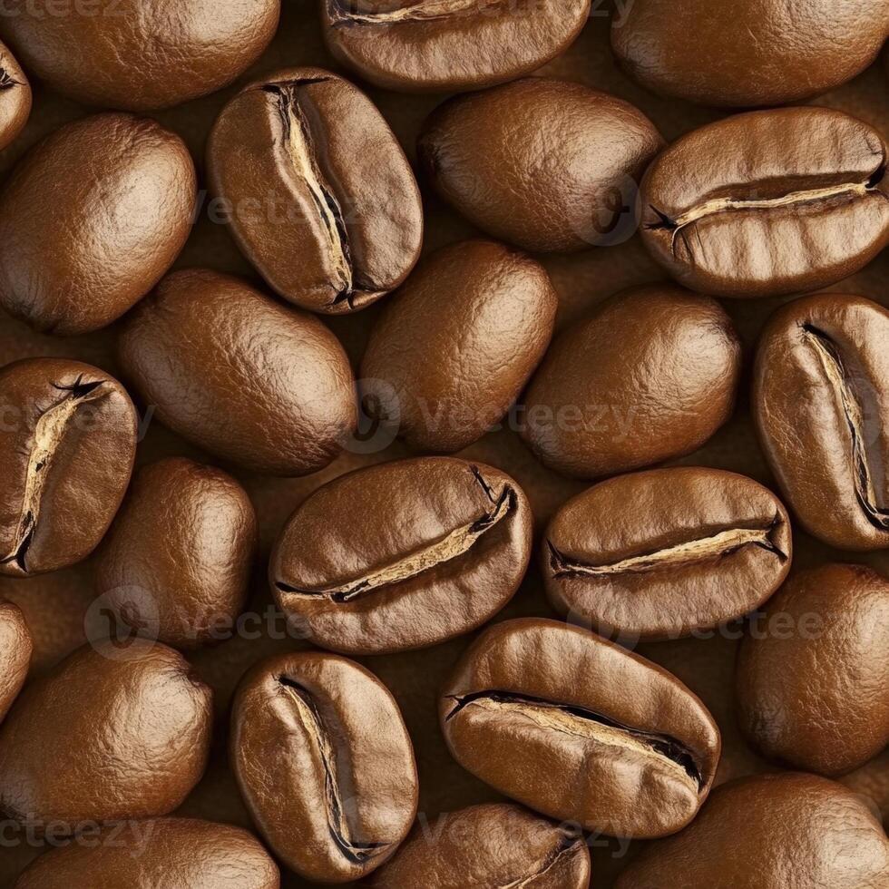 Close-up arrangement of roasted coffee beans on a brown surface, highlighting their oval shape, central crease, and varying shades of brown photo