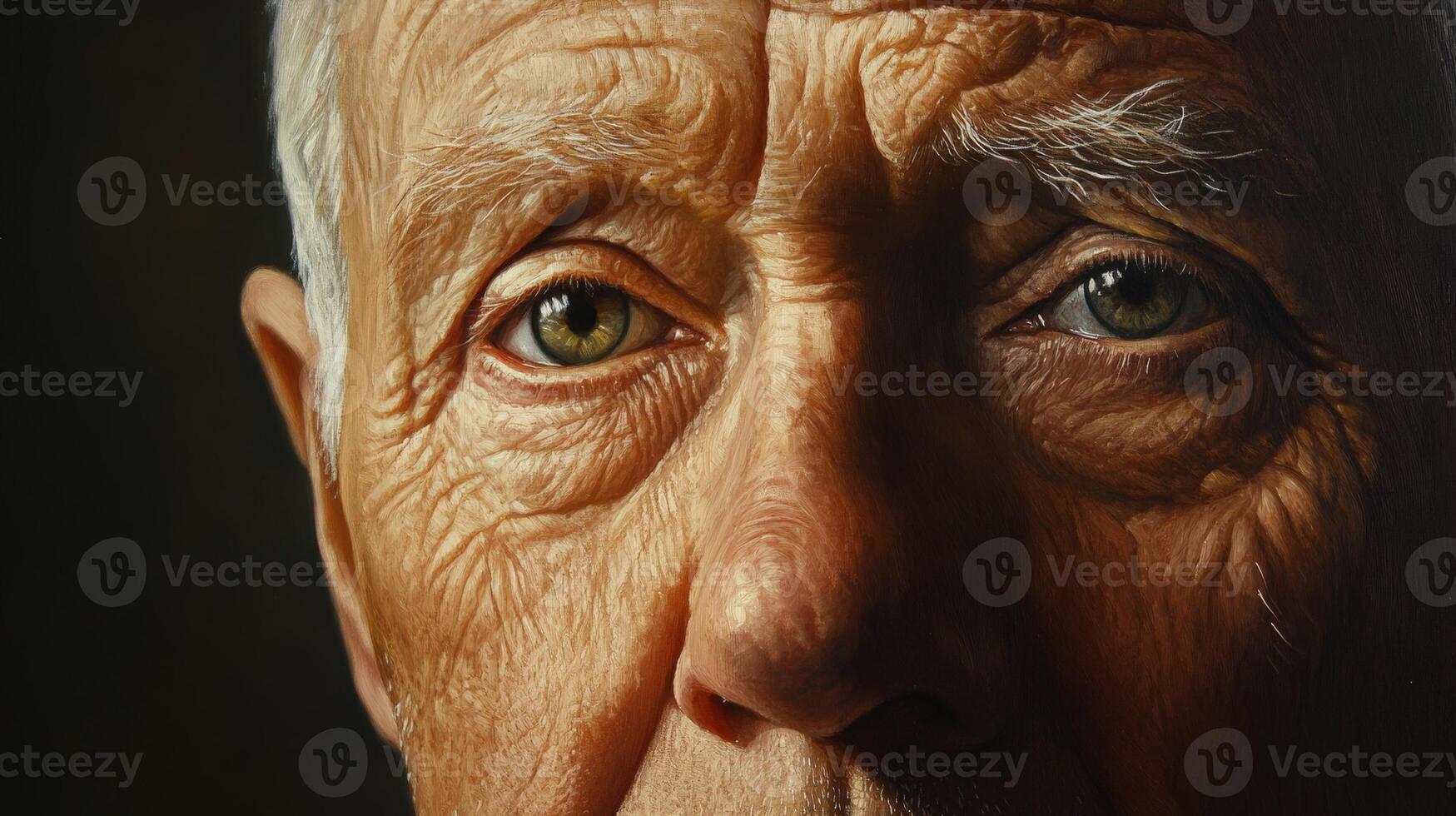 Half-face portrait of an aged man with detailed skin and lifelike expression. This realistic image conveys themes of memory, aging, and dignity with rich lighting and strong character photo