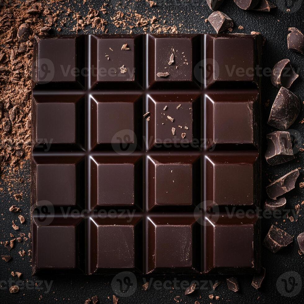 A square of intense dark chocolate surrounded by loose shavings and broken chunks on a deep black backdrop photo