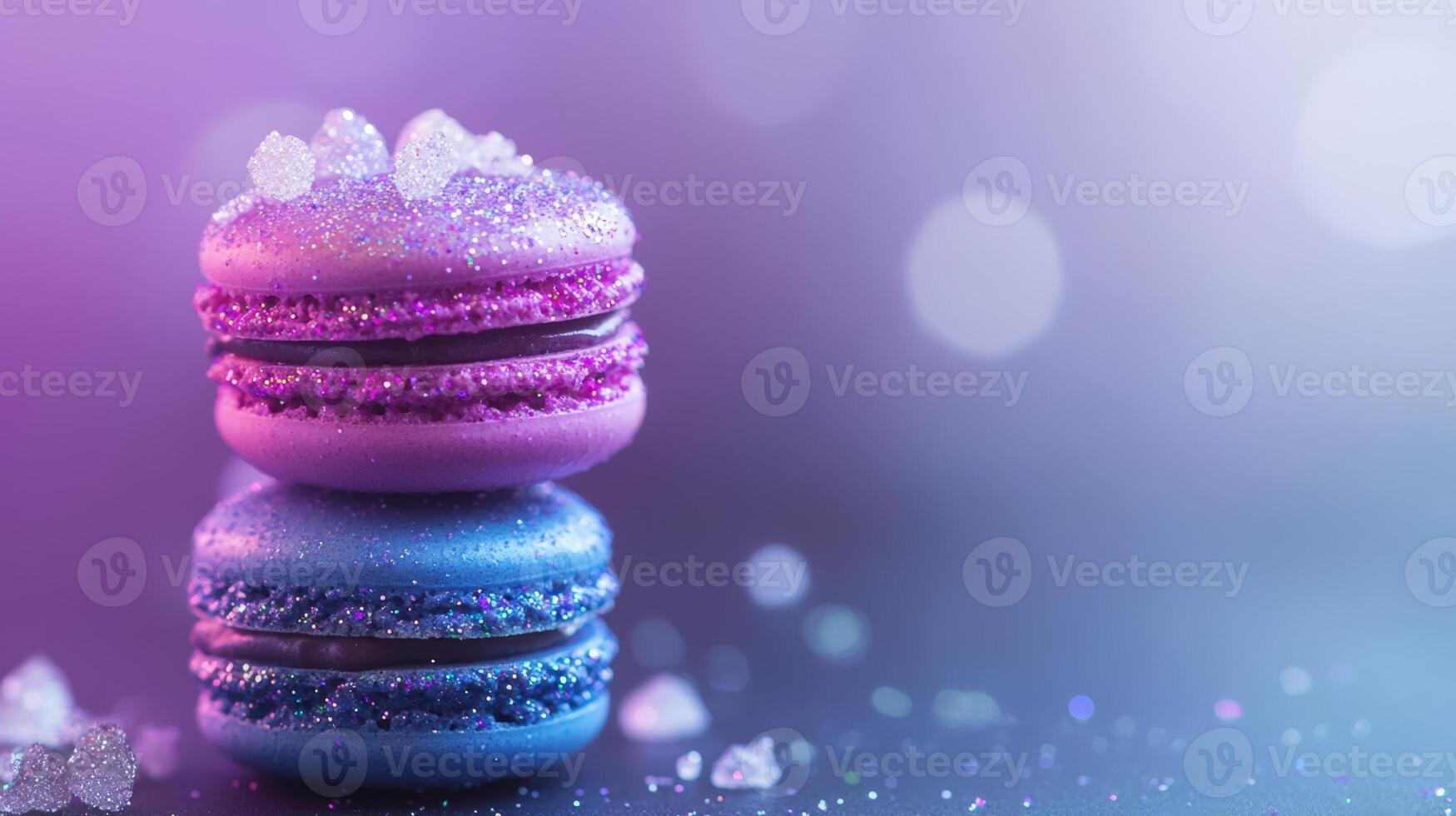 Two stacked violet and blue macarons with shimmering sugar topping. Moody lighting adds a touch of elegance and fantasy. Confectionery still life photo
