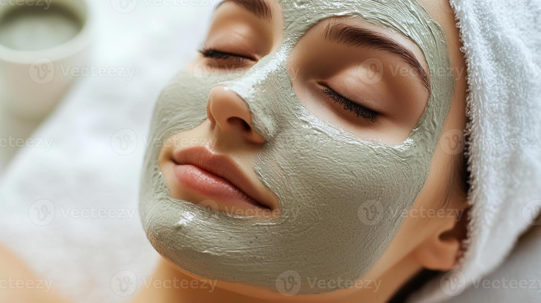 Woman with green clay face mask at spa session. Organic skincare therapy for deep cleansing, detox and revitalized skin. Relaxing beauty treatment photo