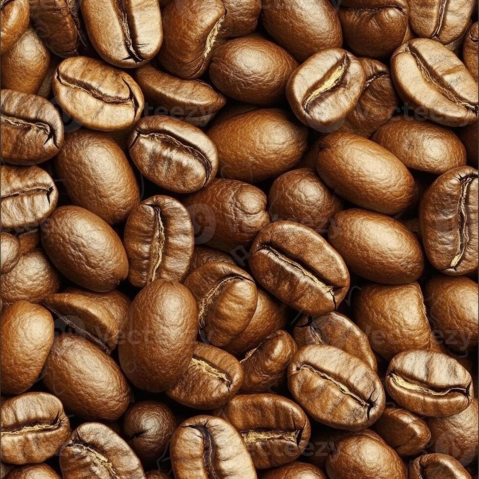 High-angle close-up of a pile of roasted coffee beans, showing their irregular arrangement, rich brown tones, and textured appearance photo