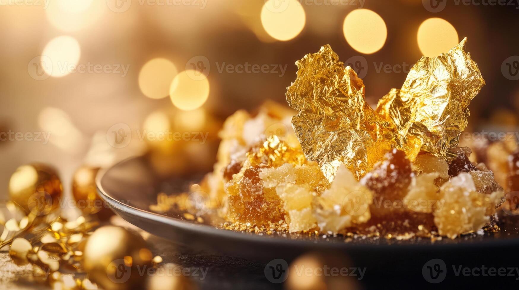 Golden crystalized fruit dessert garnished with edible gold leaf. A festive, sparkling treat for holiday tables, parties, or luxury banquets photo