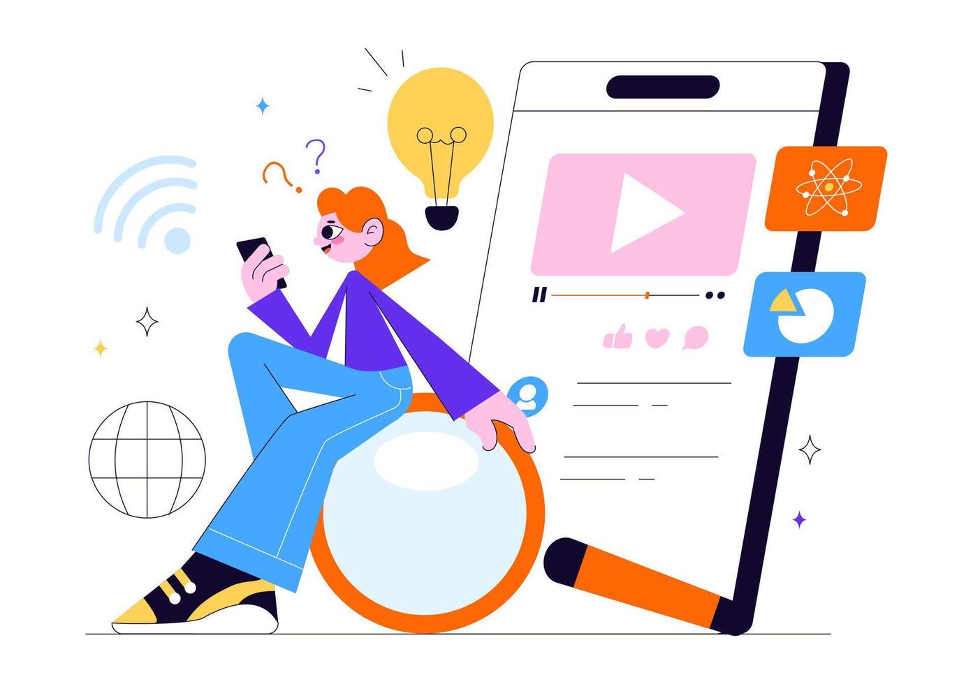 Distance Learning Concept with Students and Knowledge Materials in Flat Illustration vector